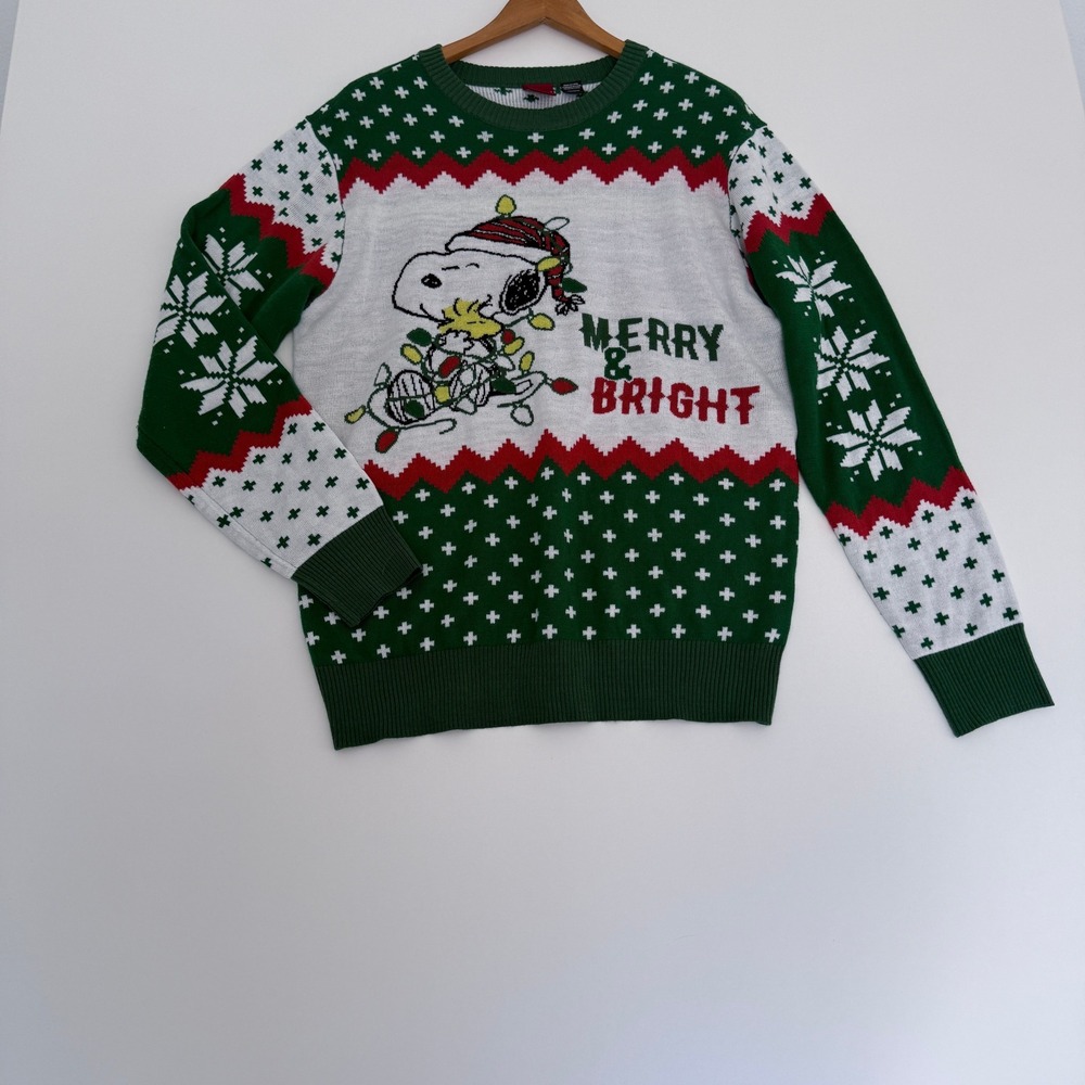 Peanuts Sweater Mens Medium Green Snoopy Merry & Bright Christmas Holiday
